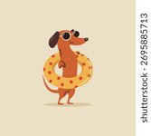A cute dachshund stands on two legs wearing sunglasses and holding an inflatable swimming ring. Flat vector illustration in a simple children