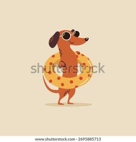 A cute dachshund stands on two legs wearing sunglasses and holding an inflatable swimming ring. Flat vector illustration in a simple children's style. 