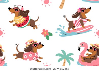 Cute dachshund summer seamless pattern with surfing swimming running and relaxing dogs in tropical vacation style cartoon illustration