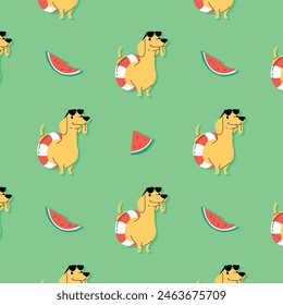 CUTE DACHSHUND WITH SUNGLASSES AND RUBBER RING SEAMLESS PATTERN