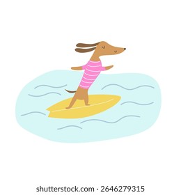 Bonito dachshund surfando em uma prancha de surfe amarela em uma camisa listrada rosa - ilustração de verão lúdica perfeita para projetos de praia, arte infantil e projetos sazonais divertidos.