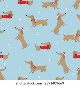 Cute dachshund in a sweater, hat and scarf. New Year's Christmas seamless print