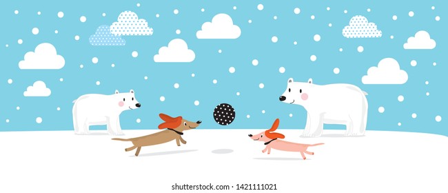 cute dachshund vector,vector pattern with dachshund,Set of cute cartoon character illustration for christmas and new year celebration(Penguin, deer, bear ,fox,santa claus,dog)