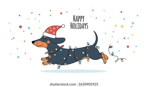Cute dachshund wearing santa hat wrapped in twinkling christmas lights celebrating happy holidays