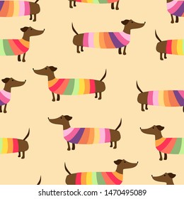 Cute dachshunds in colorful sweaters seamless pattern. Repeated dog texture