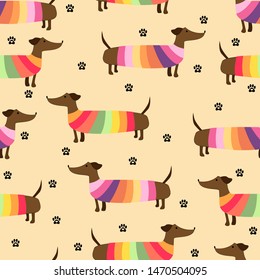 Cute dachshunds in colorful sweaters seamless pattern. Repeated dog paws texture