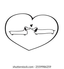 Cute dachshunds kissing. Romance. Valentine's day design. Outline hand drawn illustration on white background.