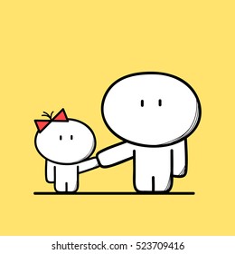 Cute dad and a child on the yellow background. Incomplete family, Single father with kid - cartoon vector illustration.