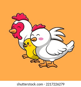 Cute Dad And Mom Chicken With Chick Cartoon Vector Icons Illustration. Flat Cartoon Concept. Suitable for any creative project.