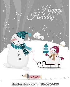 Cute dad  snowman is bringing his son with a Christmas tree on a sled. Winter landscape. Vector illustration.