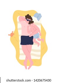 Cute dad and son lying on sand beach, relaxing and cuddling. Adorable father and child sunbathing at summer resort. Happy parenthood or fatherhood, family recreation. Flat cartoon vector illustration.