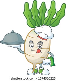 Cute daikon as a Chef with hat and tray cartoon style design