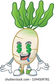Cute daikon with Money eye cartoon character design