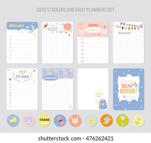 Cute Daily Calendar Template. Note Paper and Stickers Set with Vector Funny Animals Illustrations. Good for Kids. Fun Background. Organizer and Schedule with place for Notes.