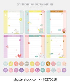 Cute Daily Calendar Template. Note Paper and Stickers Set with Vector Funny Animals Illustrations. Good for Kids. Fun Background. Organizer and Schedule with place for Notes.
