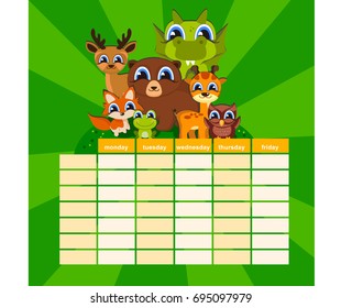 Cute Daily Note Template. Notebook Paper and Stickers Set with Vector Funny Animals Illustrations. Good for Kids. Fun Background. Organizer and Schedule.