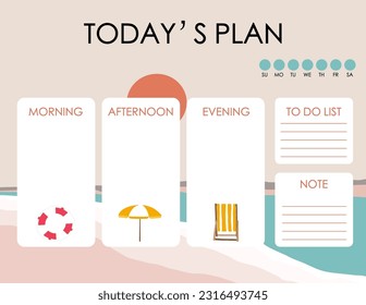 cute daily planner background with beach,sun,sea,sand.Vector illustration for kid and baby.Editable element