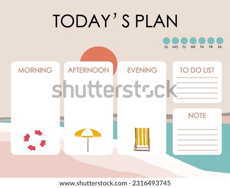cute daily planner background with beach,sun,sea,sand.Vector illustration for kid and baby.Editable element