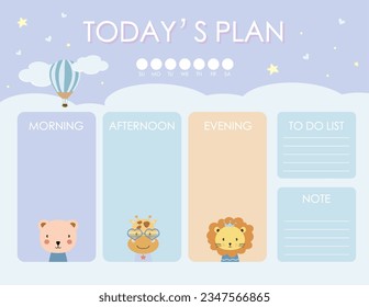 fondo de planificación diario lindo con nube, animal.Ilustración vectorial para niños y bebés.Elemento editable