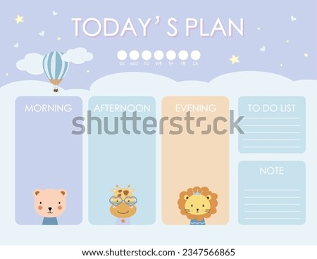 cute daily planner background with cloud,animal.Vector illustration for kid and baby.Editable element