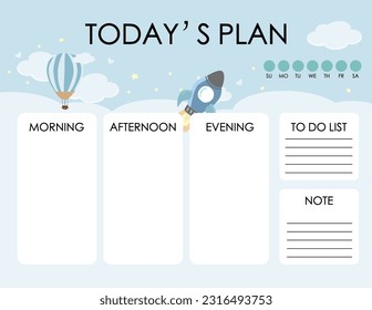 cute daily planner background with cloud,balloon,sky.Vector illustration for kid and baby.Editable element
