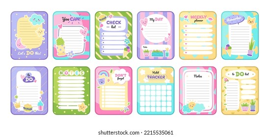 Cute daily planner in cartoon style set. Notepad for kid day plan, to do list, calendar and reminder template. Colorful notes for school or office. Flat vector illustration