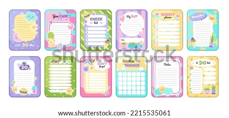 Cute daily planner in cartoon style set. Notepad for kid day plan, to do list, calendar and reminder template. Colorful notes for school or office. Flat vector illustration