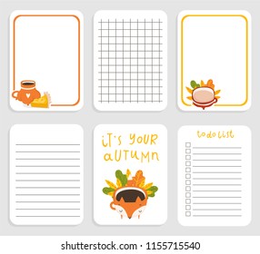 Cute Daily Planner Template for 2019. Note Paper Set with Vector Funny Illustrations. Good for Kids. Autumn Season Holidays Backgrounds. Organizer and Schedule with place for Notes