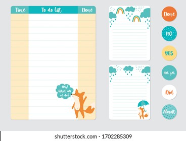 Cute daily planner template. Beautiful diary with funny fox illustrations. Rainy elements background. Stickers. Organizer and Schedule with place for Notes. Vector. Isolated