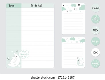 Cute daily planner template. Beautiful diary with cute little bear illustrations. Cloud and stars elements background. Stickers. Organizer and Schedule with place for Notes. Vector. Isolated