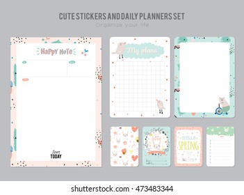 Cute Daily Planner Template. Note Paper and Stickers Set with Funny Illustrations Background. Good for Kids. Organizer and Schedule with place for Notes.