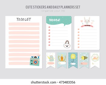 Cute Daily Planner Template. Note Paper and Stickers Set with Funny Illustrations Background. Good for Kids. Organizer and Schedule with place for Notes.