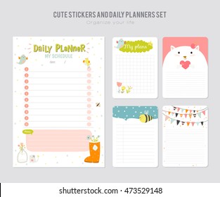 Cute Daily Planner Template. Note Paper and Stickers Set with Funny Illustrations Background. Good for Kids. Organizer and Schedule with place for Notes.