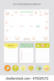 Cute Daily Planner Template. Note Paper and Stickers Set with Funny Illustrations Background. Good for Kids. Organizer and Schedule with place for Notes.
