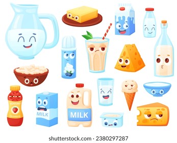 Cute dairy characters, cartoon faces on milk, cheese and yogurt. Childish fresh food mascots. Milkshake, cottage cheese and cream nowaday vector clipart