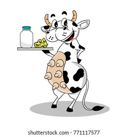 Cute dairy cows characters serving a cheese and bottle of milk cartoon vector