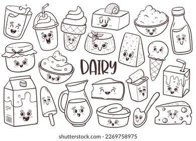 Cute Dairy Products with cartoon faces. Isolated doodle clipart collection. Vector illustration.
