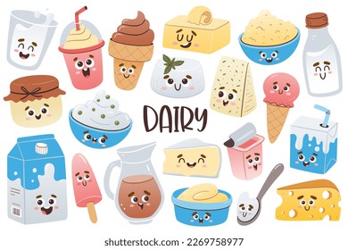 Cute Dairy Products with cartoon faces. Isolated colorful clipart collection. Vector illustration.