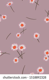 Cute daisies background. Small daisy flowers seamless pattern. Gentle floral illustration. Trendy flat drawing. Good for textile, fabric, wallpaper, bedding, clothes, wrapper, surface