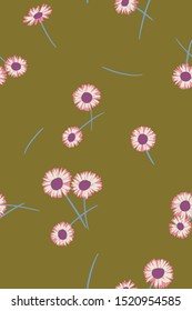 Cute daisies background. Small daisy flowers seamless pattern. Gentle floral illustration. Trendy flat drawing. Good for textile, fabric, wallpaper, bedding, clothes, wrapper, surface