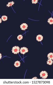 Cute daisies background. Small daisy flowers seamless pattern. Gentle floral illustration. Trendy flat drawing. Good for textile, fabric, wallpaper, bedding, clothes, wrapper, surface