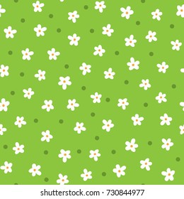 Cute daisies drawn by hand. Cartoon floral seamless pattern. Vector illustration. White, orange, green colour.
