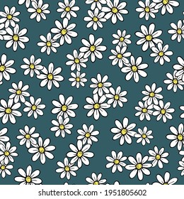 cute daisies floral seamless pattern. Hand-drawn vector blooming chamomile, contour line art