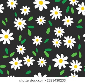 cute daisies on black background, seamless pattern for fashion, fabric, cover and wallpaper designs