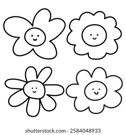 Cute daisies. Outline isolated icons. Illustration on white background.