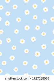 Cute Daisies Seamless Pattern on Blue Background. Simple Hand Drawn Vector Illustration. Great for Textile, Fabric Prints, Wrapping Paper.