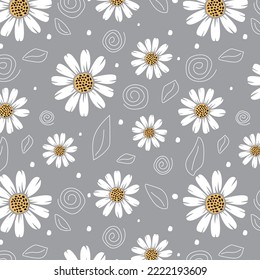 Cute Daisies Patrón sin Marea sobre fondo gris. Ilustración de vectores dibujados a mano simple. Ideal para impresiones textiles, de tela, de envolver de papel.