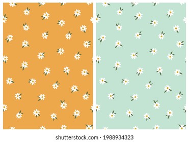 Cute Daisies Seamless Twin Pattern sobre fondo amarillo y menta. Ilustración de vectores dibujados a mano simple. Ideal para impresiones textiles, de tela, de envolver de papel.