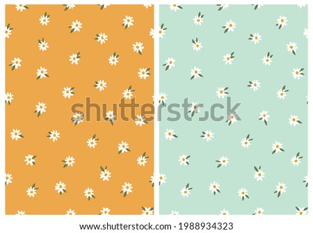 Cute Daisies Seamless Twin Pattern on Yellow and Mint Background. Simple Hand Drawn Vector Illustration. Great for Textile, Fabric Prints, Wrapping Paper.