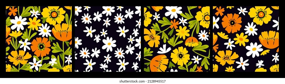 Cute daisy background. Floral seamless patterns. Set of ditsy summer nature prints. Blooming wild flowers collection. Modern flat drawing, cartoon style. Spring chamomiles texture.